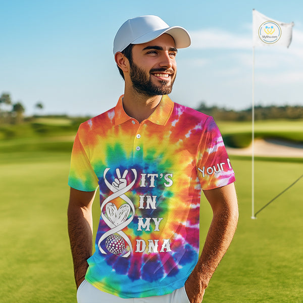Mens golf polo shirts colorful tie dye pattern custom It's in my DNA peace love golf top for mens NQS10391
