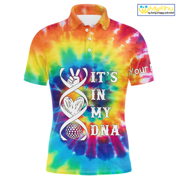 Mens golf polo shirts colorful tie dye pattern custom It's in my DNA peace love golf top for mens NQS10391