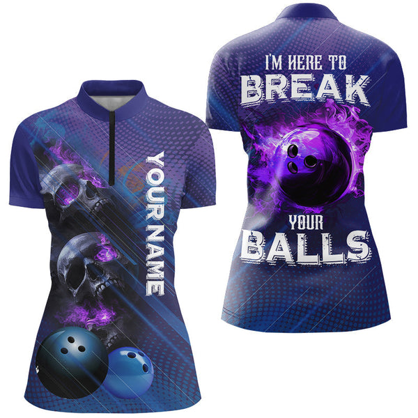 Purple Skull Flame Bowling Shirts For Women Custom Bowling Team Jerseys I'm here to break your balls NQS8635