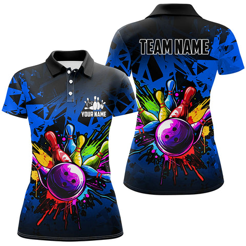 Colorful bowling jersey Polo, 1/4 Zip Shirt for Women Custom Bowling Team shirts for bowler| Blue NQS8880