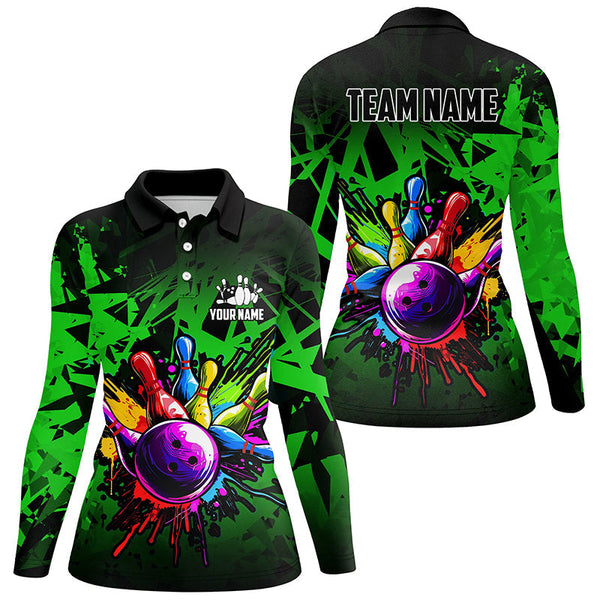 Colorful bowling jersey Polo, 1/4 Zip Shirt for Women Custom Bowling Team shirts for bowler| Green NQS8881