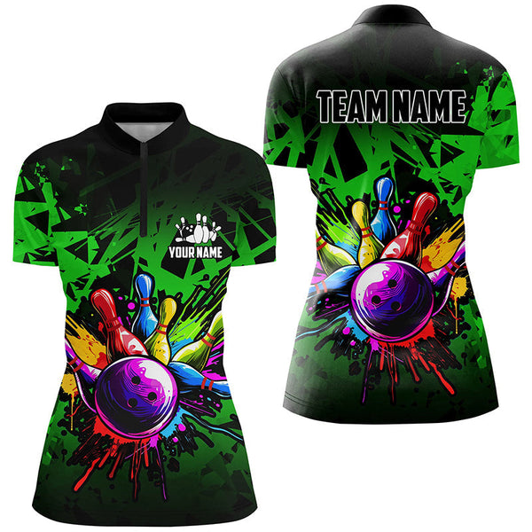 Colorful bowling jersey Polo, 1/4 Zip Shirt for Women Custom Bowling Team shirts for bowler| Green NQS8881