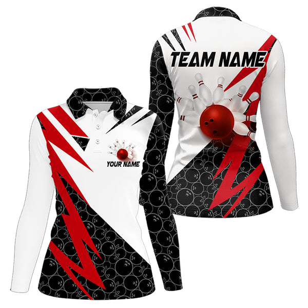 Black and White Bowling Polo, Quarter Zip Shirt for Women Custom Lightning Team bowling jerseys | Red NQS9324