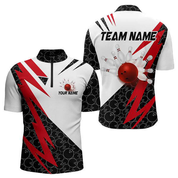 Black and White Bowling Polo, Quarter Zip Shirt for Men Custom Lightning Team bowling jerseys | Red NQS9324