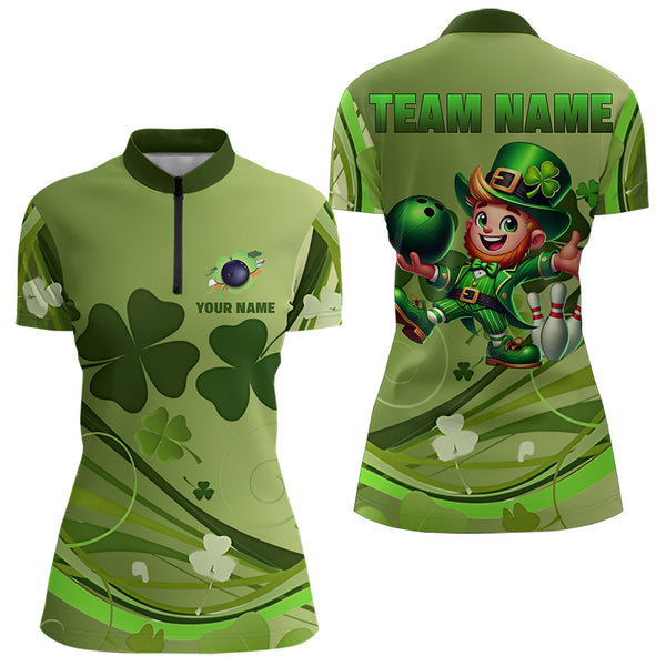 Green shamrock Lucky Women Bowling Polo, Quarter Zip Shirts Custom St Patrick Day Team bowling Shirts NQS9328