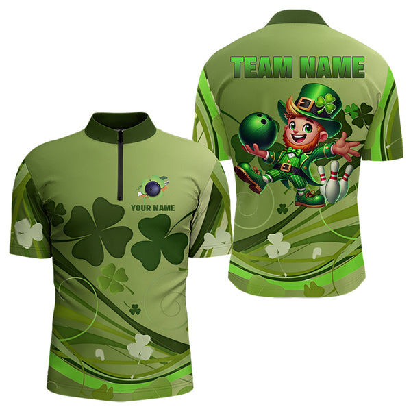Green shamrock Lucky Men Bowling Polo, Quarter Zip Shirts Custom St Patrick Day Team bowling Shirts NQS9328