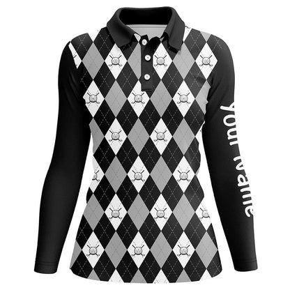 Black argyle plaid pattern Womens golf polos shirts custom golf shirts for women, ladies golf polo NQS7422