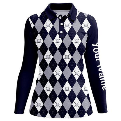 Navy blue argyle plaid pattern Womens golf polos shirts custom golf shirts for women, ladies golf polo NQS7423