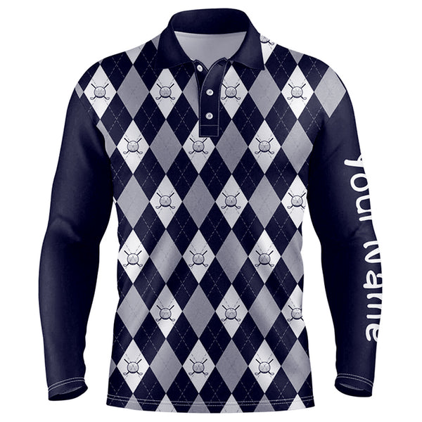 Navy blue argyle plaid pattern Mens golf polo shirts custom golf attire for men, men's golf apparel NQS7423