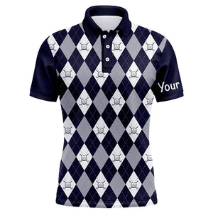 Navy blue argyle plaid pattern Mens golf polo shirts custom golf attire for men, men's golf apparel NQS7423