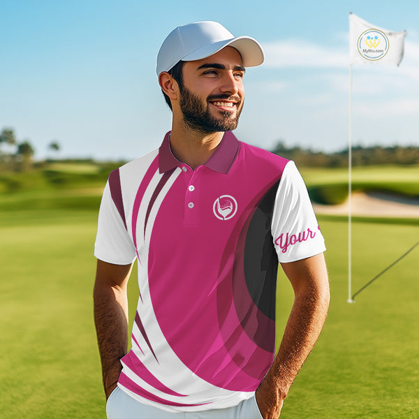 Mens polo golf shirts custom name pink and white golf shirt, team golf shirts mens NQS9846