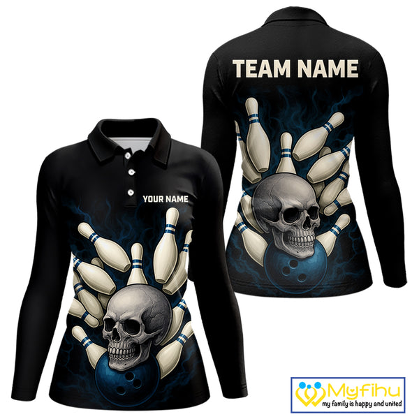 Black and Blue Skull Bowling Ball and Pins Bowling Shirts For Women Custom skull team bowling jerseys NQS9850