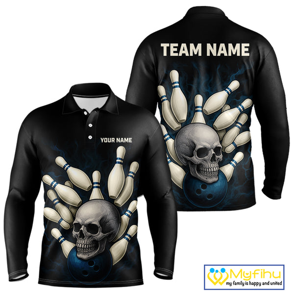 Black and Blue Skull Bowling Ball and Pins Bowling Shirts For Men Custom skull team bowling jerseys NQS9850