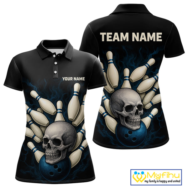 Black and Blue Skull Bowling Ball and Pins Bowling Shirts For Women Custom skull team bowling jerseys NQS9850