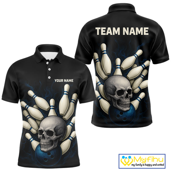 Black and Blue Skull Bowling Ball and Pins Bowling Shirts For Men Custom skull team bowling jerseys NQS9850