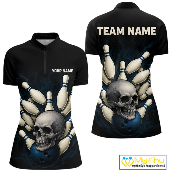 Black and Blue Skull Bowling Ball and Pins Bowling Shirts For Women Custom skull team bowling jerseys NQS9850