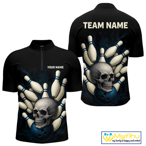 Black and Blue Skull Bowling Ball and Pins Bowling Shirts For Men Custom skull team bowling jerseys NQS9850