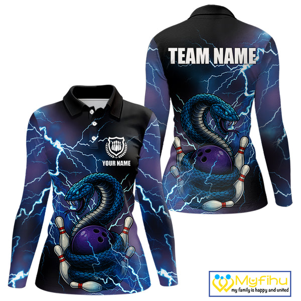 Personalized Blue Thunder Lightning Cobra Snake Bowling Shirts For Women, Bowling Team Uniform NQS9852