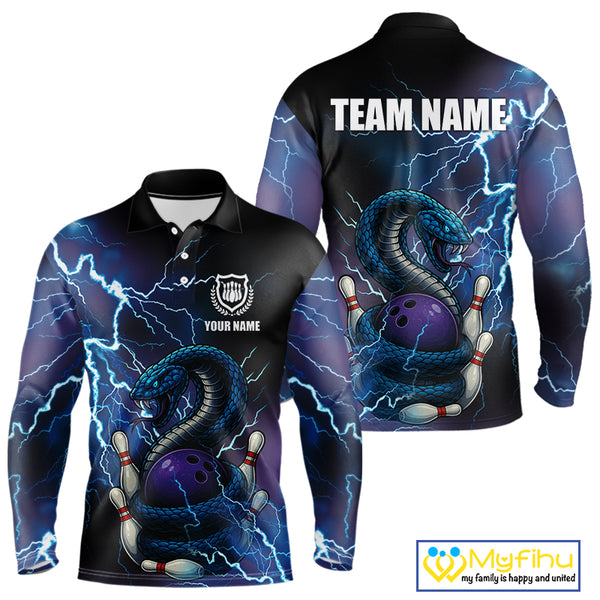 Personalized Black And Blue Thunder Lightning Cobra Snake Bowling Shirts For Men, Bowling Team Uniform NQS9852