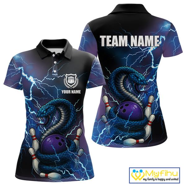 Personalized Blue Thunder Lightning Cobra Snake Bowling Shirts For Women, Bowling Team Uniform NQS9852