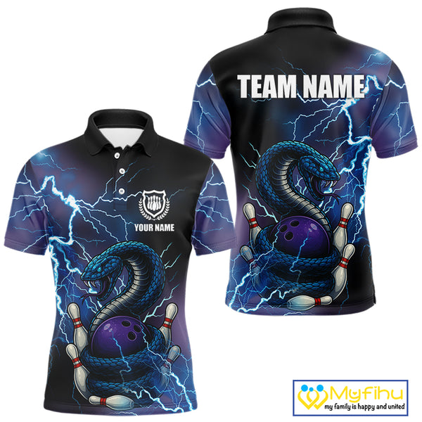 Personalized Black And Blue Thunder Lightning Cobra Snake Bowling Shirts For Men, Bowling Team Uniform NQS9852