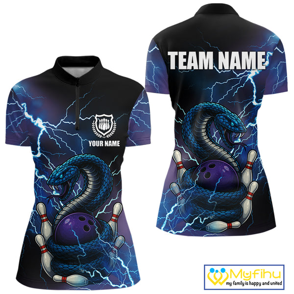 Personalized Blue Thunder Lightning Cobra Snake Bowling Shirts For Women, Bowling Team Uniform NQS9852