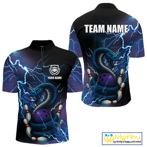 Personalized Black And Blue Thunder Lightning Cobra Snake Bowling Shirts For Men, Bowling Team Uniform NQS9852