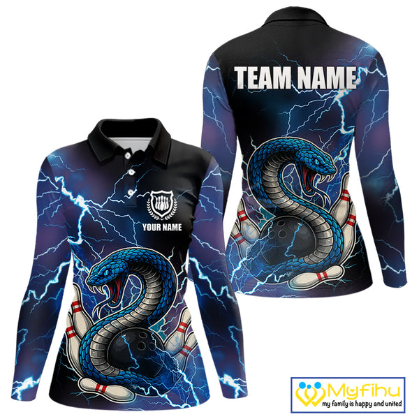 Blue Lightning Thunder Cobra Snake Bowling Polo, 1/4 Zip Shirts For Women Custom Bowling Team Uniform NQS9853