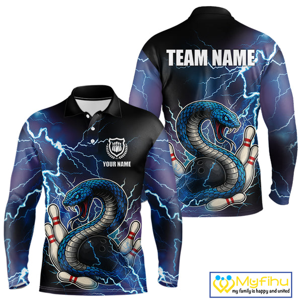 Blue Lightning Thunder Cobra Snake Bowling Polo, 1/4 Zip Shirts For Men Custom Bowling Team Uniform NQS9853