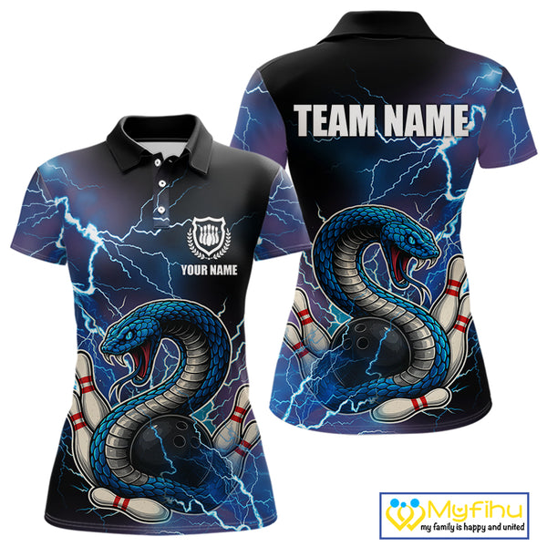 Blue Lightning Thunder Cobra Snake Bowling Polo, 1/4 Zip Shirts For Women Custom Bowling Team Uniform NQS9853