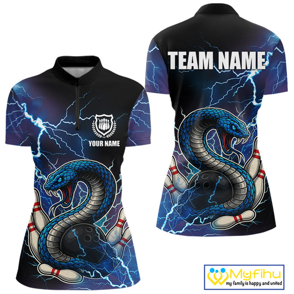 Blue Lightning Thunder Cobra Snake Bowling Polo, 1/4 Zip Shirts For Women Custom Bowling Team Uniform NQS9853