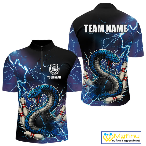 Blue Lightning Thunder Cobra Snake Bowling Polo, 1/4 Zip Shirts For Men Custom Bowling Team Uniform NQS9853