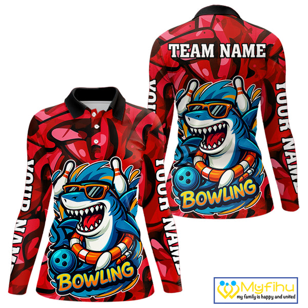 Funny Red Camo Shark Women Bowling Polo, Quarter Zip Shirts Custom Team Shark Bowling Outfit Jersey NQS10076