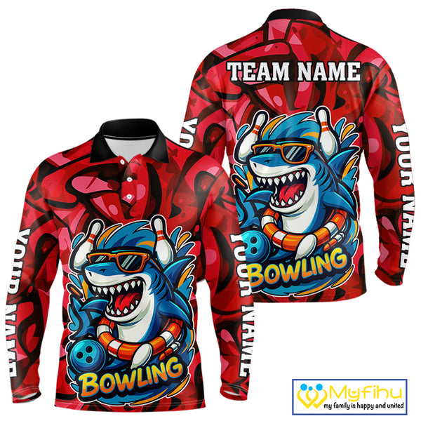 Funny Red Camo Shark Men Bowling Polo, Quarter Zip Shirts Custom Team Shark Bowling Outfit Jersey NQS10076