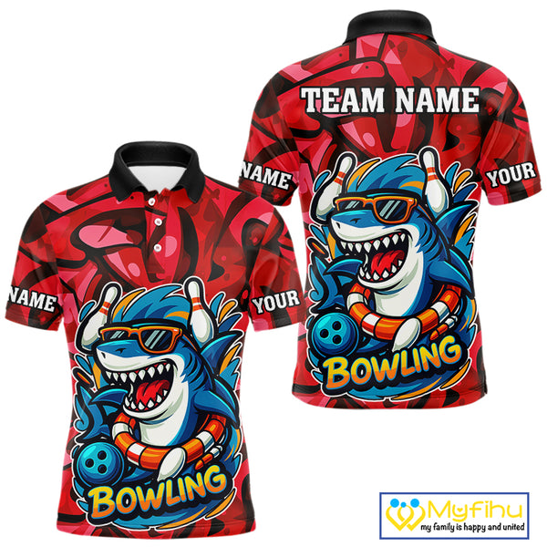 Funny Red Camo Shark Men Bowling Polo, Quarter Zip Shirts Custom Team Shark Bowling Outfit Jersey NQS10076