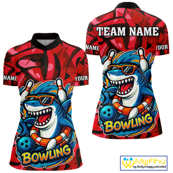 Funny Red Camo Shark Women Bowling Polo, Quarter Zip Shirts Custom Team Shark Bowling Outfit Jersey NQS10076