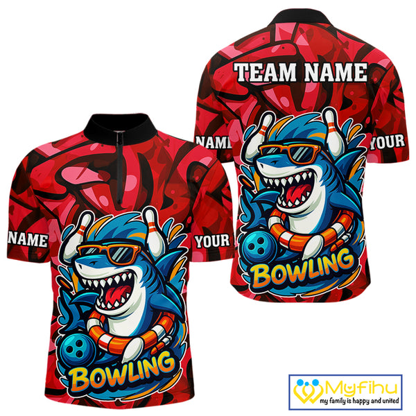 Funny Red Camo Shark Men Bowling Polo, Quarter Zip Shirts Custom Team Shark Bowling Outfit Jersey NQS10076