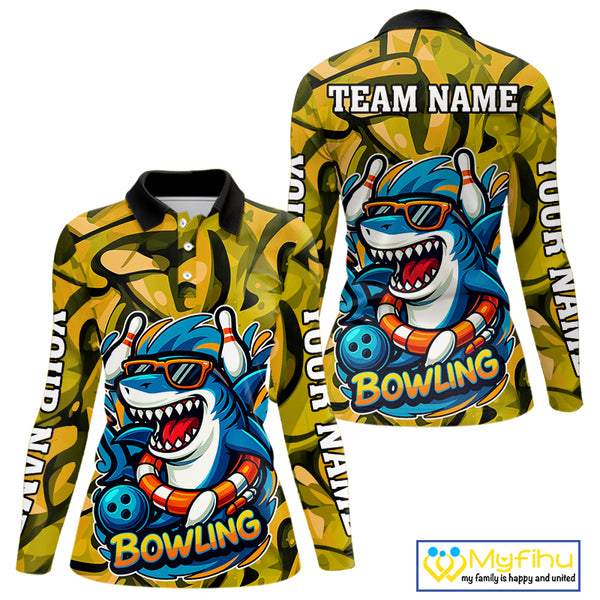 Funny Yellow Camo Shark Women Bowling Polo, Quarter Zip Shirt Custom Team Shark Bowling Outfit Jersey NQS10077
