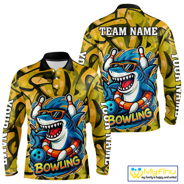 Funny Yellow Camo Shark Men Bowling Polo, Quarter Zip Shirts Custom Team Shark Bowling Outfit Jersey NQS10077