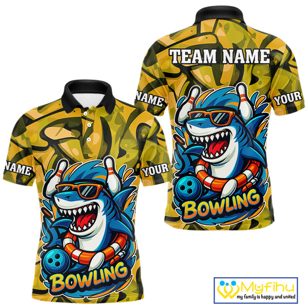 Funny Yellow Camo Shark Men Bowling Polo, Quarter Zip Shirts Custom Team Shark Bowling Outfit Jersey NQS10077