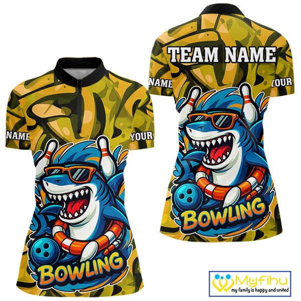 Funny Yellow Camo Shark Women Bowling Polo, Quarter Zip Shirt Custom Team Shark Bowling Outfit Jersey NQS10077
