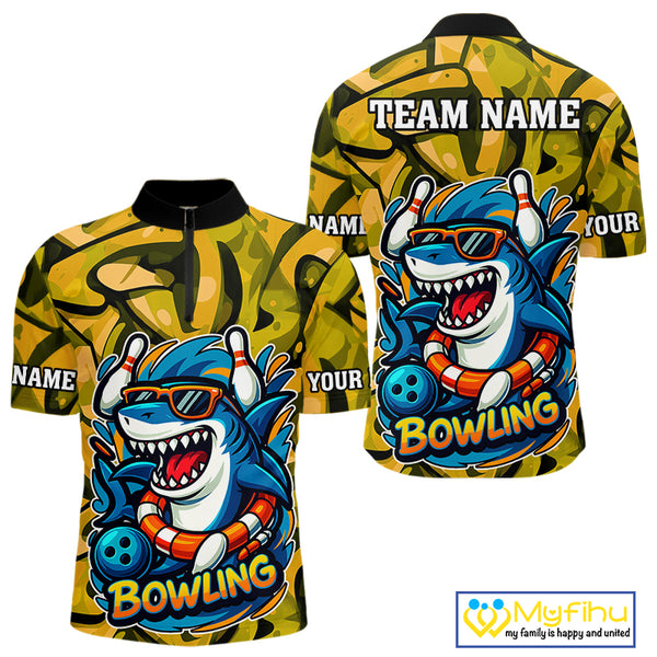 Funny Yellow Camo Shark Men Bowling Polo, Quarter Zip Shirts Custom Team Shark Bowling Outfit Jersey NQS10077