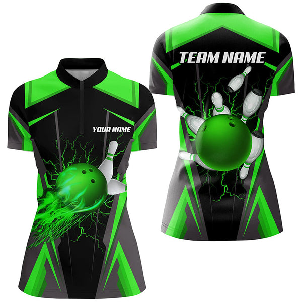 Personalized Women Bowling Shirt Flame Bowling Ball and Pins, bowling jersey for ladies bowler | Green NQS7998