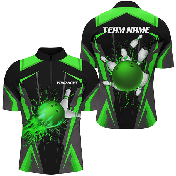 Personalized Men Bowling Shirts Flame Bowling Ball and Pins, bowling jerseys for men bowlers | Green NQS7998