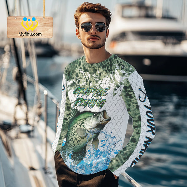 Crappie fishing green scales UV protection custom hooded sun shirt, Crappie fishing jerseys NQS10228