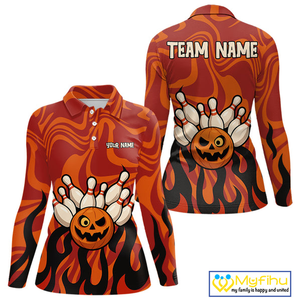 Orange camo flame Bowling polo, quarter zip shirts for Women custom Halloween Bowling team jerseys NQS10395