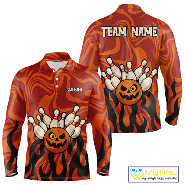 Orange camo flame Bowling polo, quarter zip shirts for men custom Halloween Bowling team jerseys NQS10395
