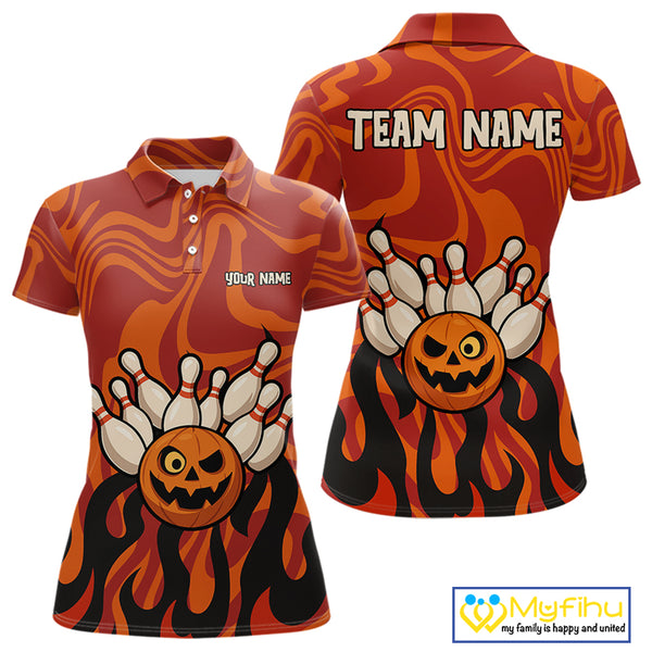 Orange camo flame Bowling polo, quarter zip shirts for Women custom Halloween Bowling team jerseys NQS10395