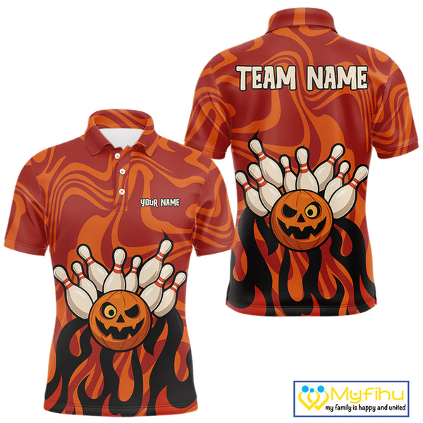 Orange camo flame Bowling polo, quarter zip shirts for men custom Halloween Bowling team jerseys NQS10395