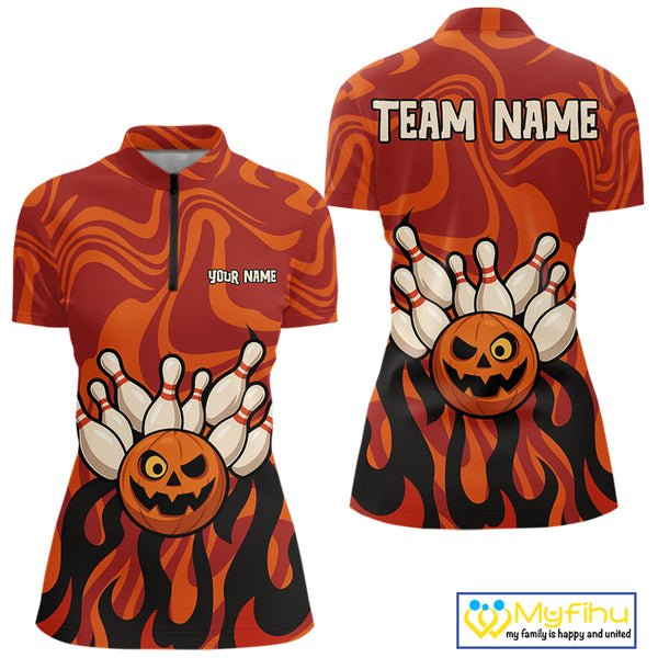 Orange camo flame Bowling polo, quarter zip shirts for Women custom Halloween Bowling team jerseys NQS10395